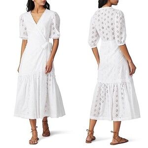 REBECCA TAYLOR Floral Eyelet Puff Short Sleeve Ruffle Hem Midi Wrap Tie Dress XS